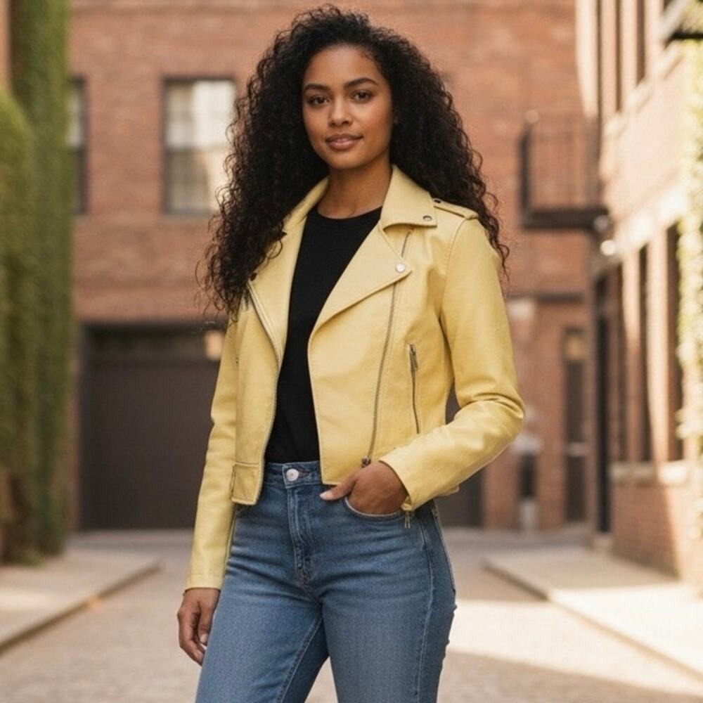 NWT Levis Strauss & Co Yellow Faux Leather Moto Style Biker Jacket S